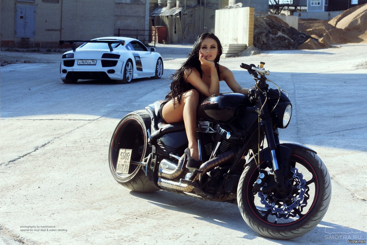 Sexy model Brunettes on a motorcycle in Dallas